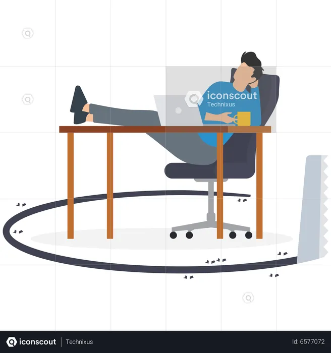 Businessman getting chill on his desk being sawing floor broken down  Illustration