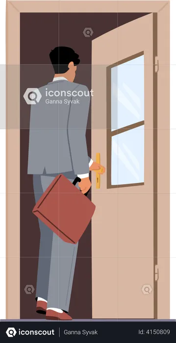 Businessman getting in the office through door  Illustration