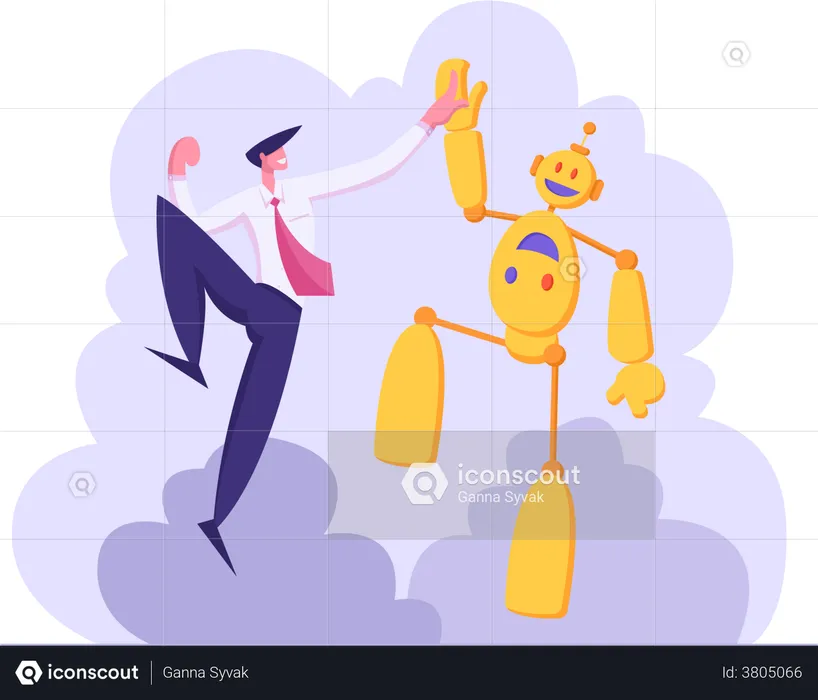 Businessman giving High Five to robot  Illustration