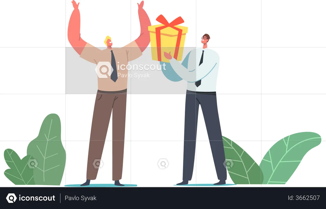 Businessman Giving Wrapped Gift Box to Cheerful Colleague for Birthday  Illustration