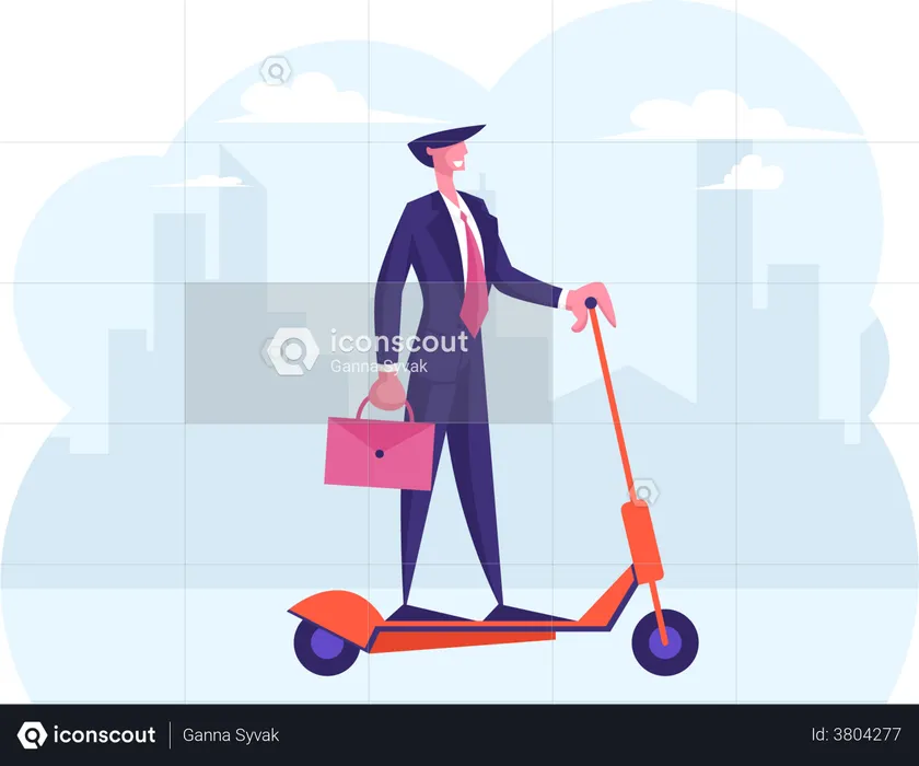 Businessman going office on electric scooter  Illustration