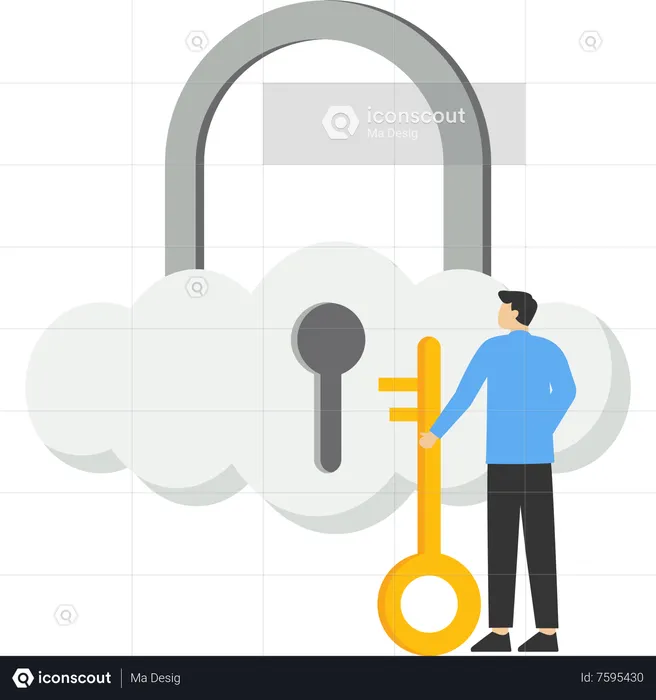 Businessman hand holding floating cloud padlock with security key  Illustration