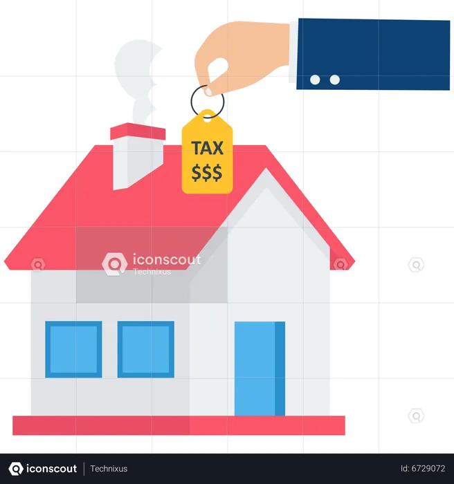 Businessman hand holding house with the price tags showing property tax with dollar signs to pay for  Illustration