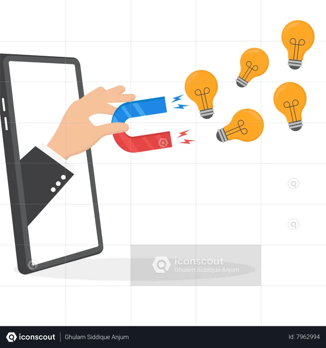 Businessman hand holding magnet to magnetize lightbulb lamp ideas  Illustration