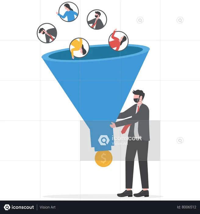 Businessman hand holding marketing funnel to pull potential customer and convert to sales  Illustration