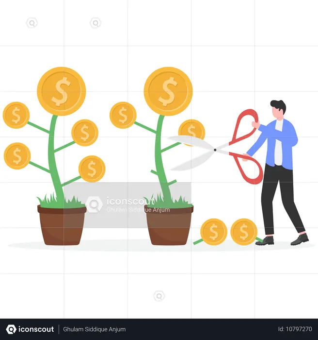 Businessman Hand holding scissors cuts cultivated money seedling  Illustration