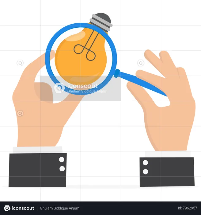 Businessman hand looking at lightbulb floating from magnifying glass  Illustration