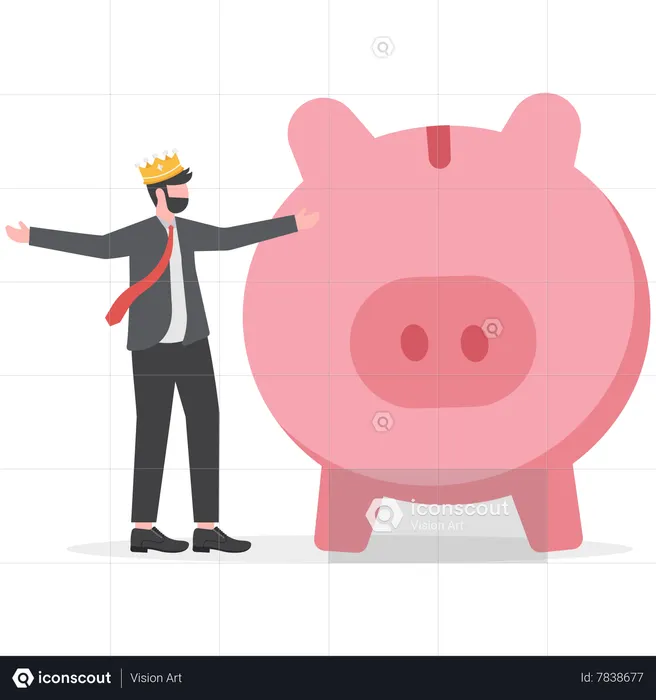 Businessman hand offer shinny pink piggy bank with golden king crown  Illustration