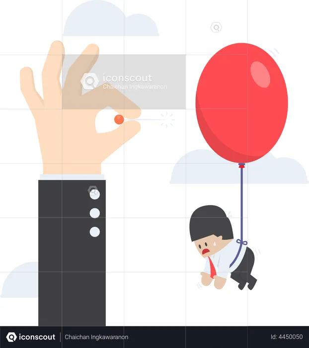 Businessman hand pushing needle to pop the balloon of his rival  Illustration