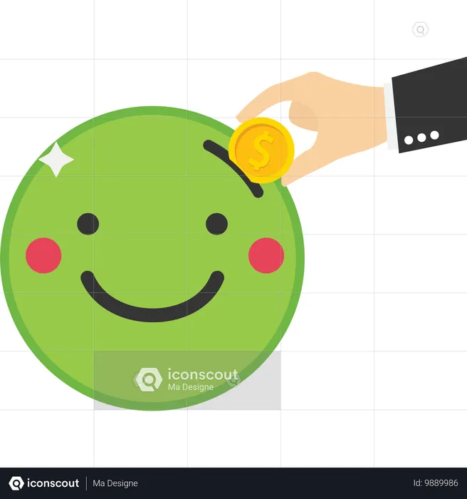 ビジネスマンの手がコインを笑顔の絵文字の上に置く  イラスト