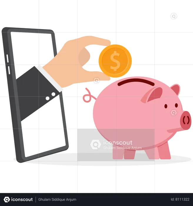 Businessman hand putting coin a piggy bank money savings through the smartphone  Illustration