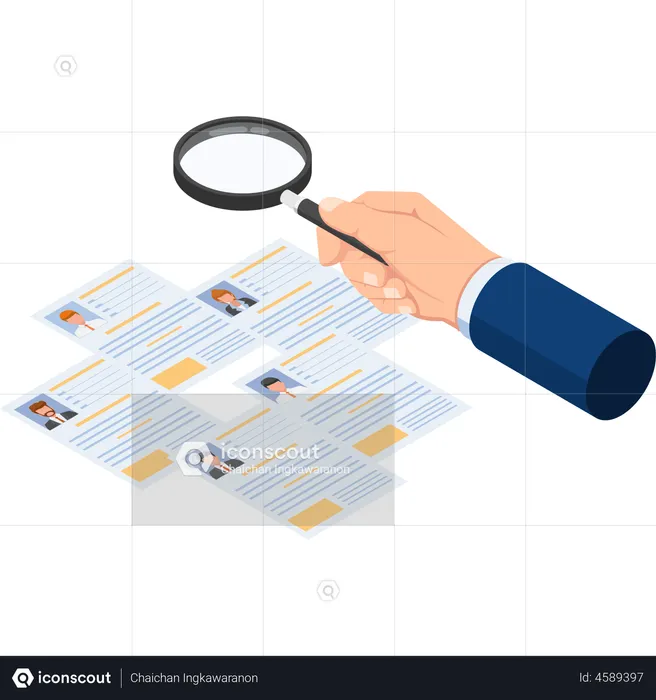 Businessman hand viewing resume with magnifying glass  Illustration