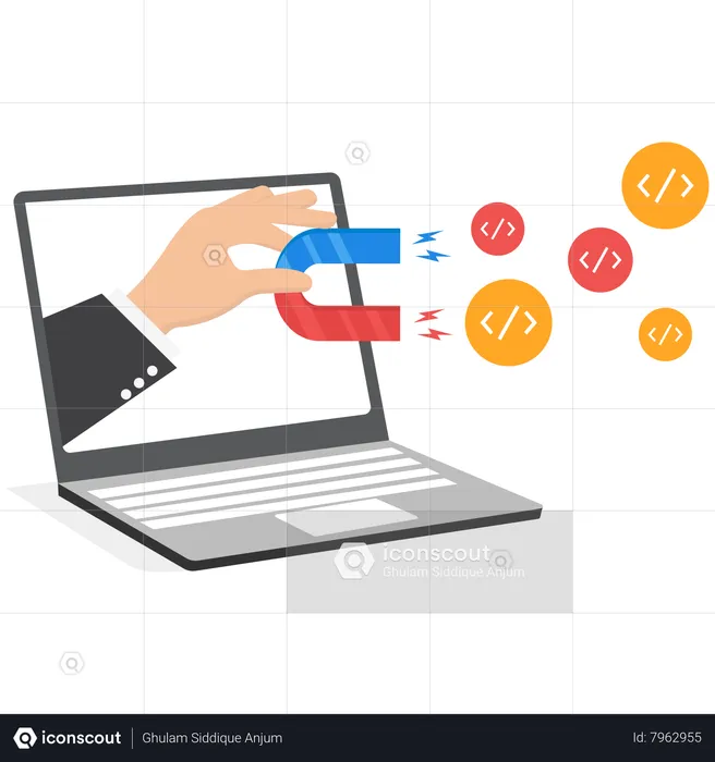 Businessman hand with from screen laptop magnet to magnetize coding program  Illustration