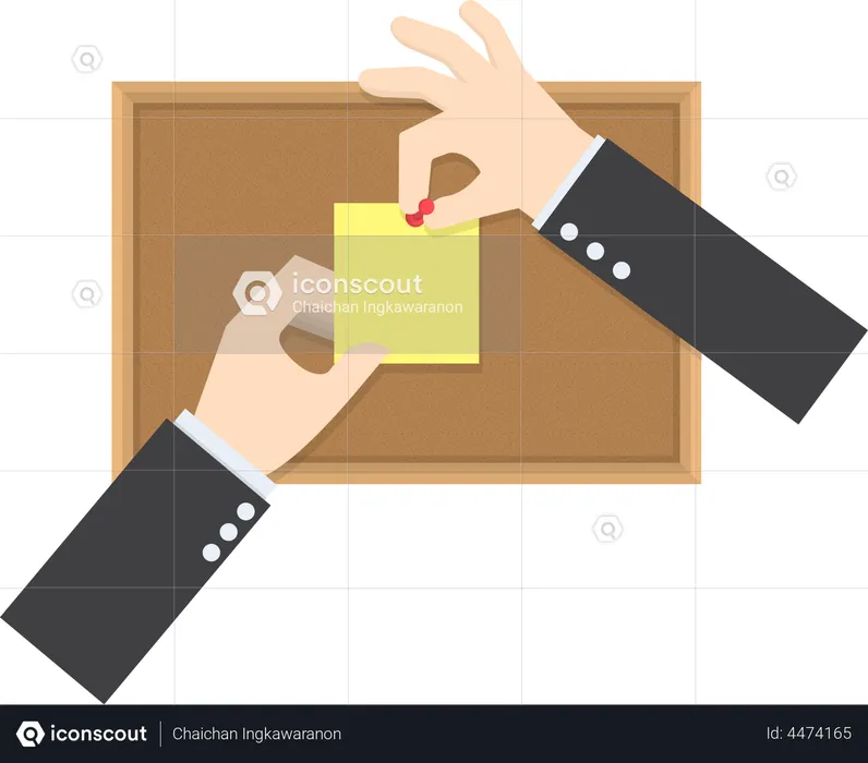 Businessman hands pin sticky notes on cork bulletin board  Illustration