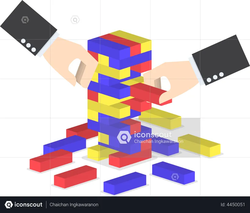 Businessman hands play wood block tower game  Illustration