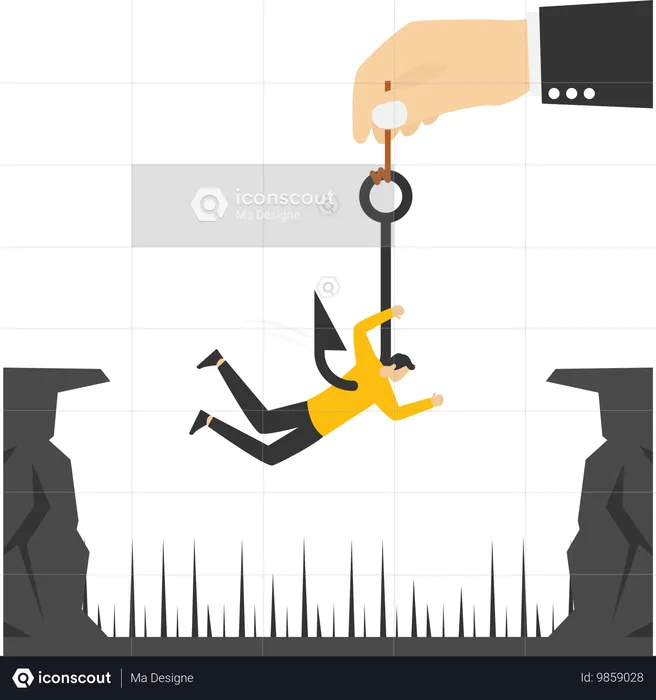 Businessman hanging in the hook over the cliff  Illustration