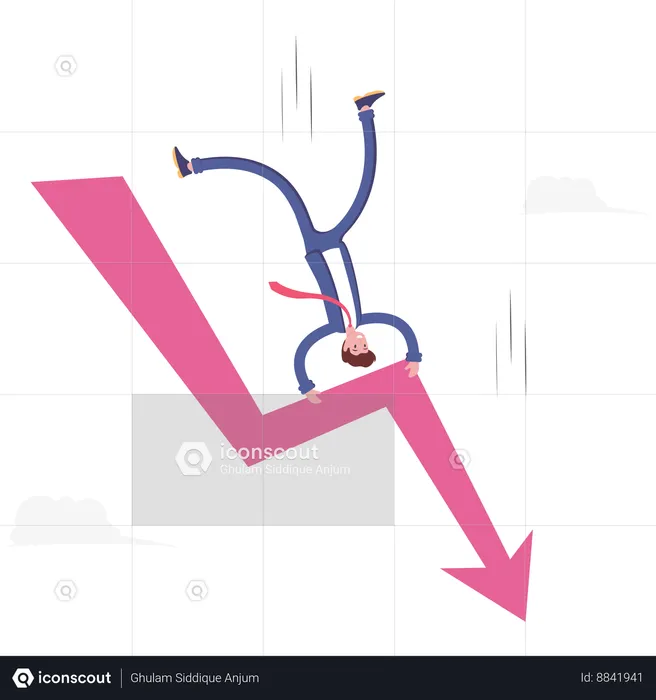 Businessman hanging on falling arrow  Illustration