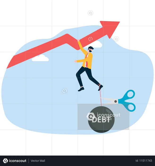 Businessman hanging with growth chart while getting come out from debt  Illustration