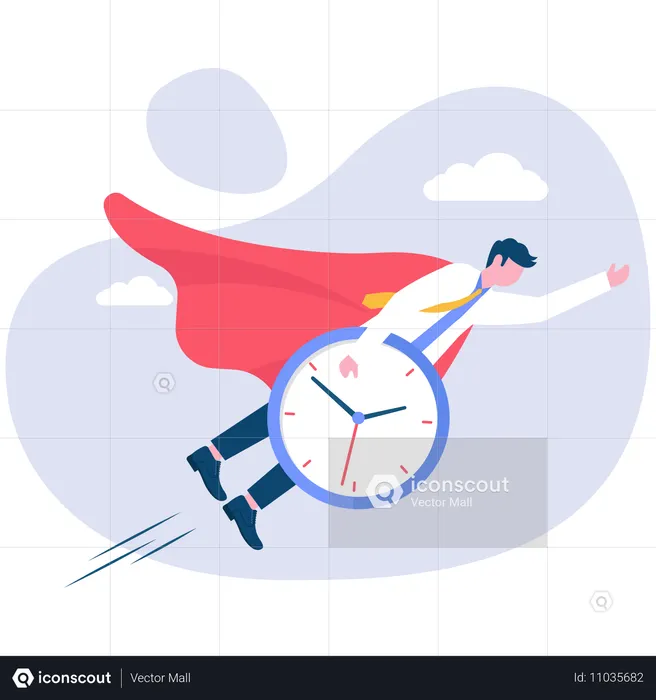 Businessman hero holding watch flies in sky  Illustration