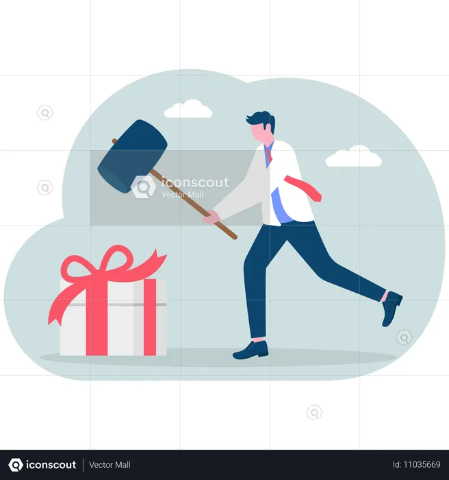 Businessman hits gift box  Illustration