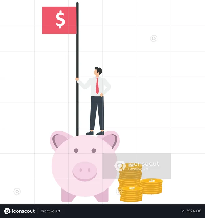 Businessman hold a US dollar flag stands on a piggy bank  Illustration