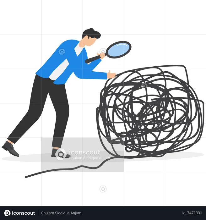Businessman hold magnifying glass looking at big scribble roll  Illustration