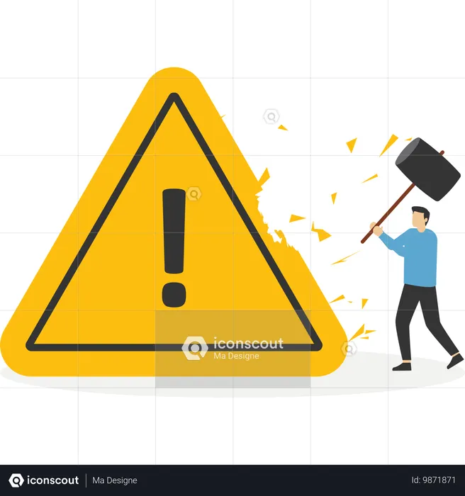 Businessman hold sledgehammer crash huge yellow exclamation point  Illustration