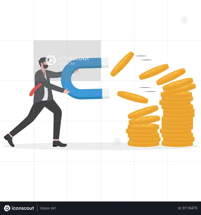 Businessman holding a big magnet and attracting money  Illustration