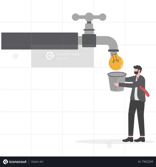 Businessman holding a bucket to get ideas flowing from the tap  Illustration