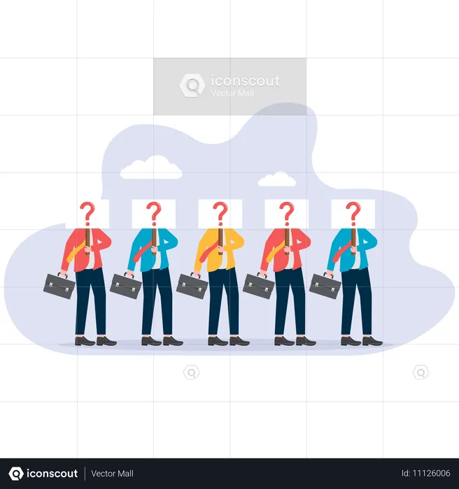 얼굴을 가리고 물음표 표시를 한 사업가가 줄을 서서 서 있는 모습  일러스트레이션
