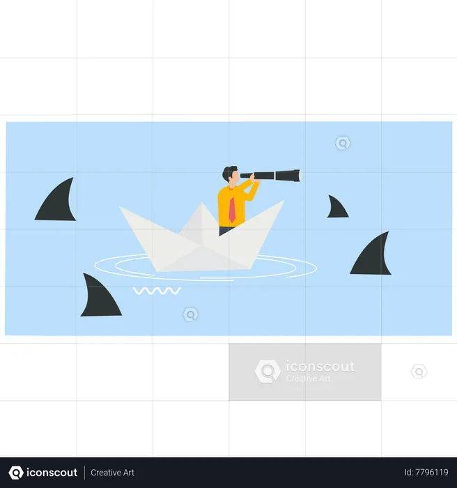 Businessman holding a telescope on a paper boat with a shark in the sea  Illustration