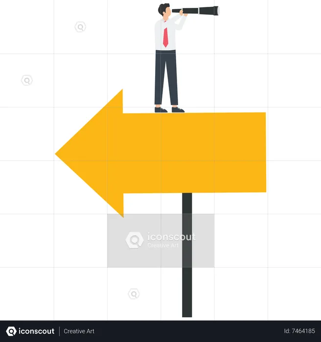 Businessman holding a telescope pointing to the arrow pointing in the opposite direction  Illustration