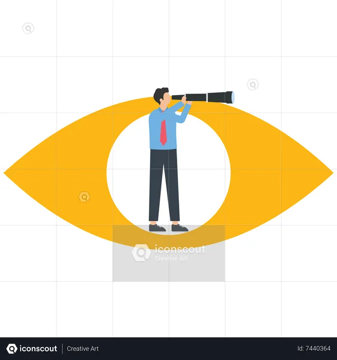 Businessman holding a telescope standing inside the eyes looking into the distance  Illustration