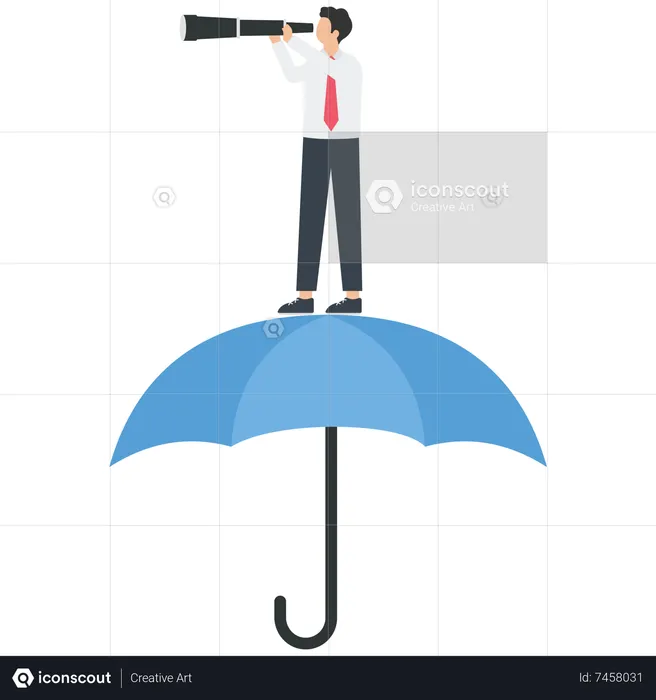 Businessman holding a telescope standing on an umbrella  Illustration