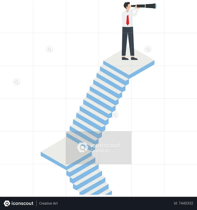 Businessman holding a telescope standing on the top of the stairs looking into the distance  Illustration
