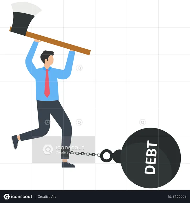 Businessman holding axe trying to cut chains and iron balls tied to his leg  Illustration