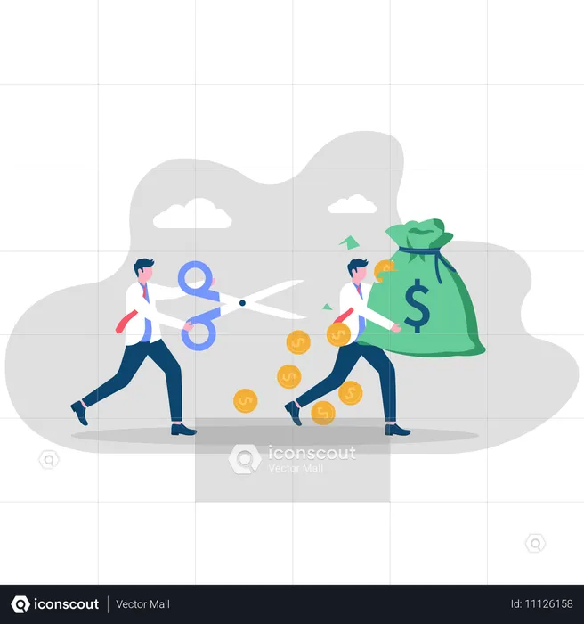 Businessman holding big scissors to cut colleague's money bag  Illustration