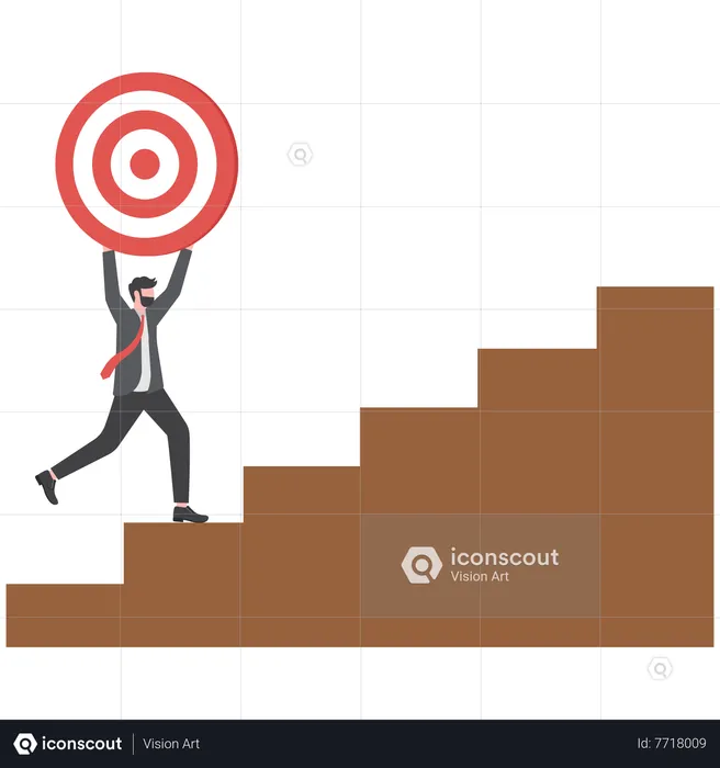 Businessman holding big target and walking up the stairs  Illustration