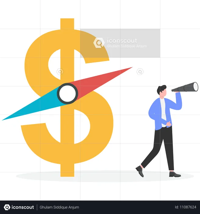 Businessman holding binoculars standing on money vane  Illustration