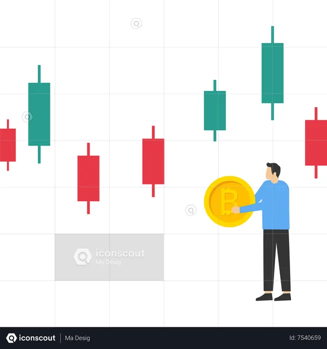 Businessman holding bitcoin in front of rising chart  Illustration