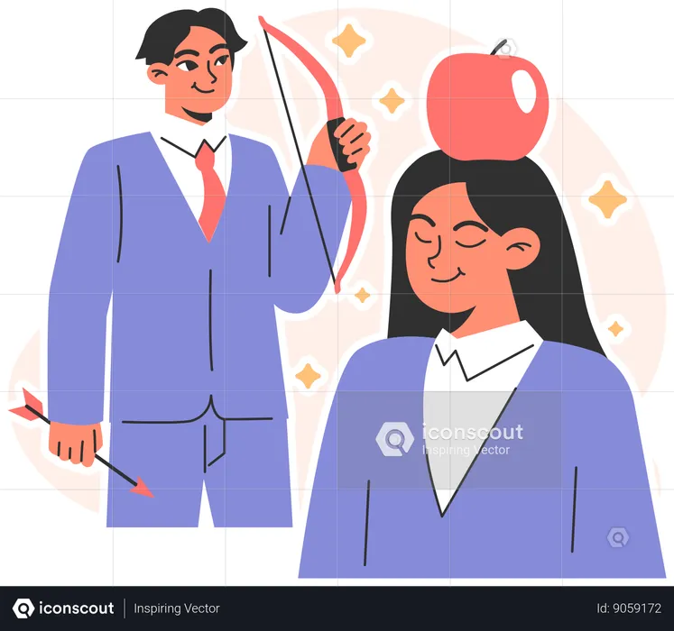 Businessman holding bow and arrow while shooting apple  Illustration