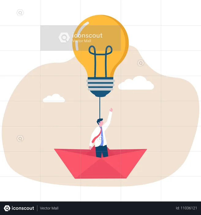 Businessman holding bulb while travelling in paper boat  Illustration