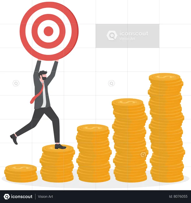 Businessman Holding Dashboard And Walking On Coins Stack  Illustration