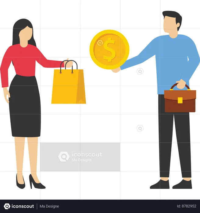 Businessman holding dollar coin while woman holding shopping bag  Illustration