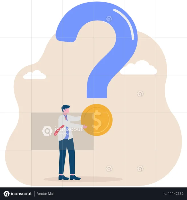 Businessman holding dollar coin with question mark  Illustration