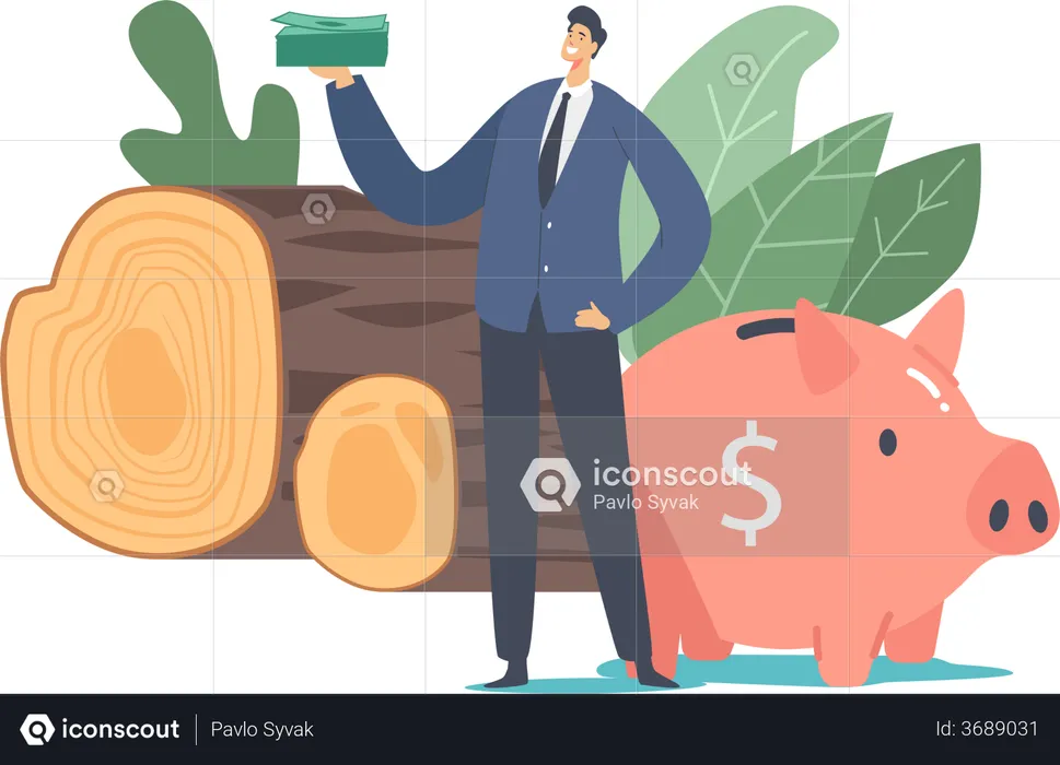 Businessman Holding Dollars Pile Stand  Illustration