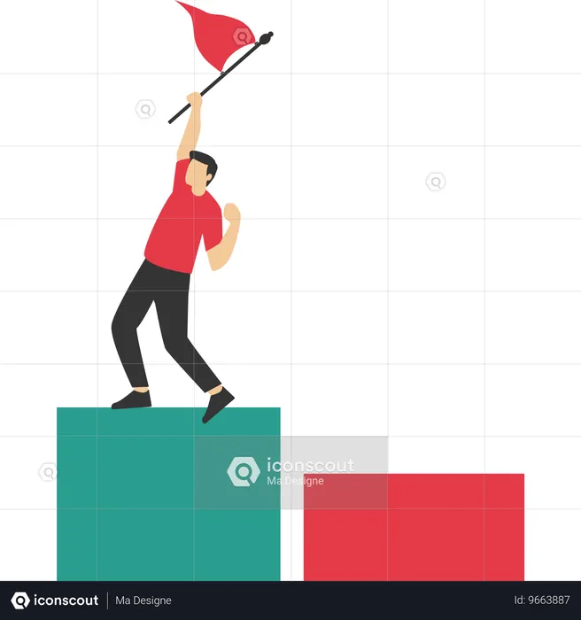 깃발을 들고 계단 위에 서 있는 사업가  일러스트레이션