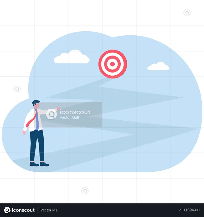 Businessman holding flag looking at flag farther from the top of arrow  Illustration