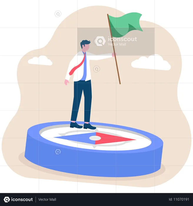 Businessman holding flag on big business compass running to direction  Illustration