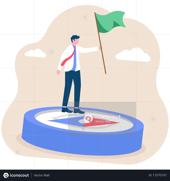 Businessman holding flag on big business compass running to direction compass point  Illustration